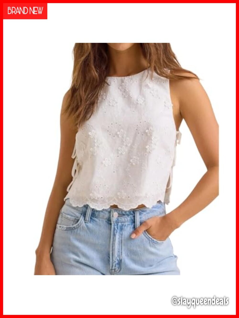Eyelet Embroidered Sleeveless Side Tie Crop Tank Top